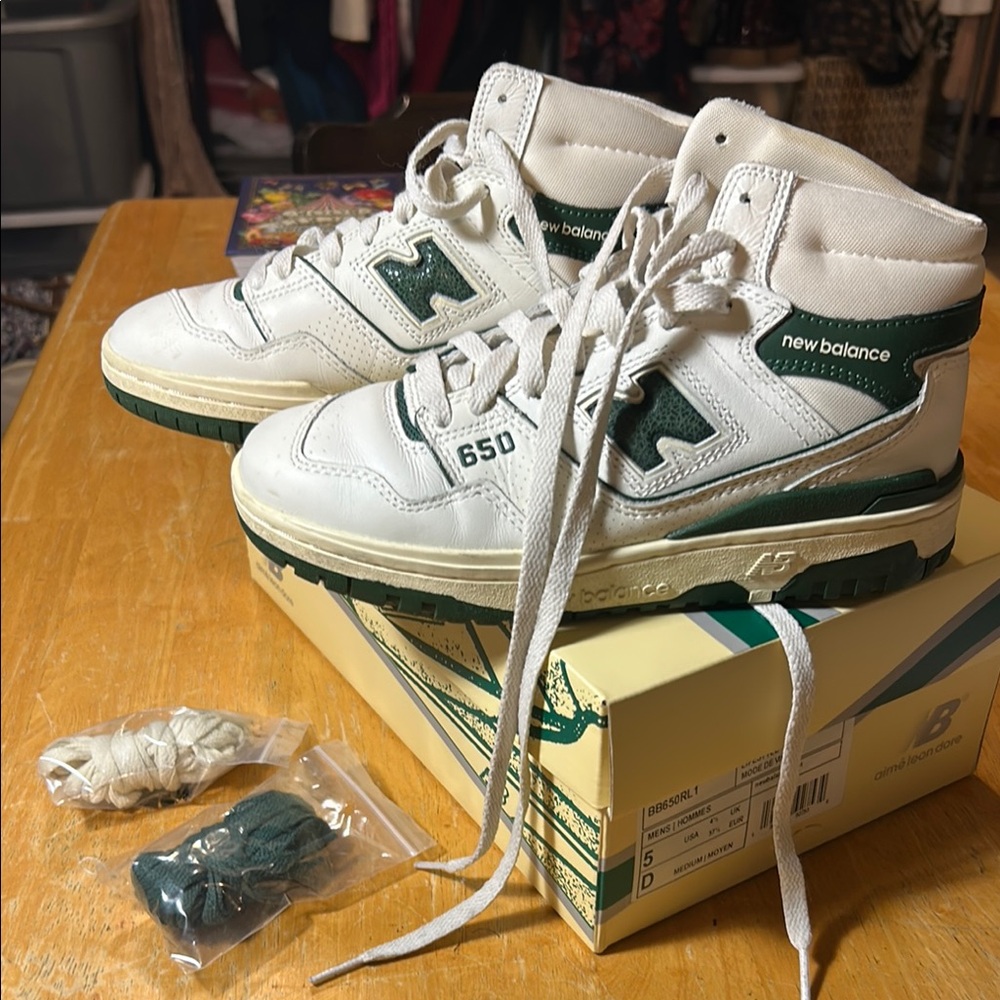 New Balance White and Green High-Top Athletic Shoes